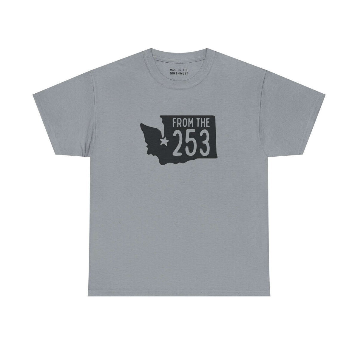 Light gray Washington state athletic tee with 'From the 253' design and star marking Tacoma.