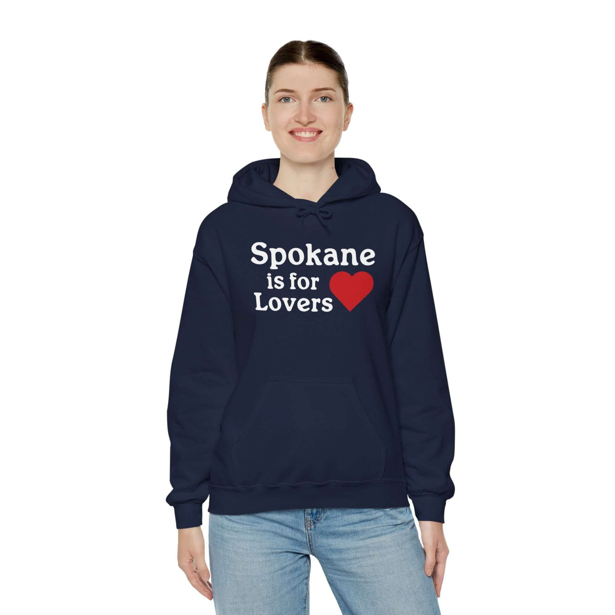 "Woman wearing Spokane is for Lovers hoodie with heart design, showcasing Spokane pride."