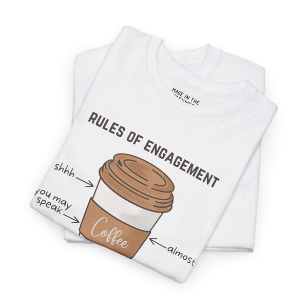 White athletic tee featuring coffee cup graphic and text 'Rules of Engagement' for coffee lovers in PNW.