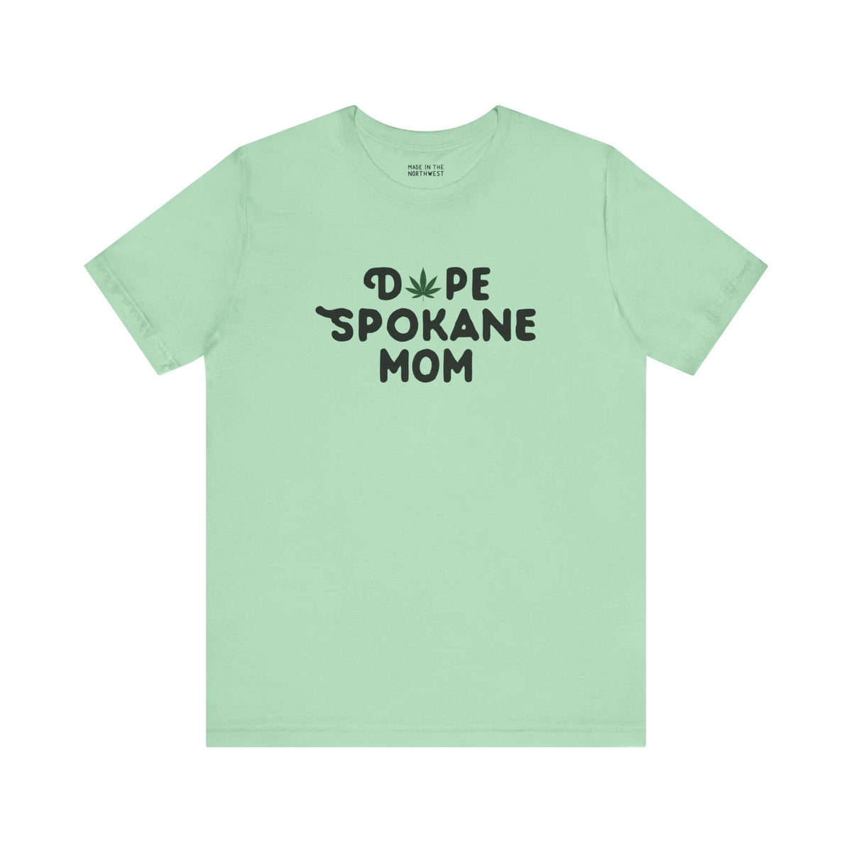 Mint green Dope Spokane Mom premium soft tee with playful marijuana leaf design.