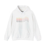 White hoodie featuring a minimalist mountain design and repeated 'Portland' text, embodying Portland's nature-loving spirit.