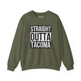 Straight Outta Tacoma sweatshirt in olive green, showcasing city pride with bold streetwear style.