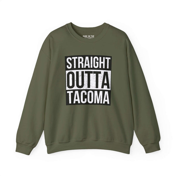 Straight Outta Tacoma sweatshirt in olive green, showcasing city pride with bold streetwear style.