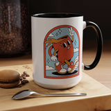 Retro Coffee Badge Mug featuring a cartoonish character dancing under a colorful arch, perfect for bright mornings.