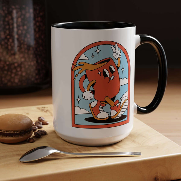 Retro Coffee Badge Mug featuring a cartoonish character dancing under a colorful arch, perfect for bright mornings.