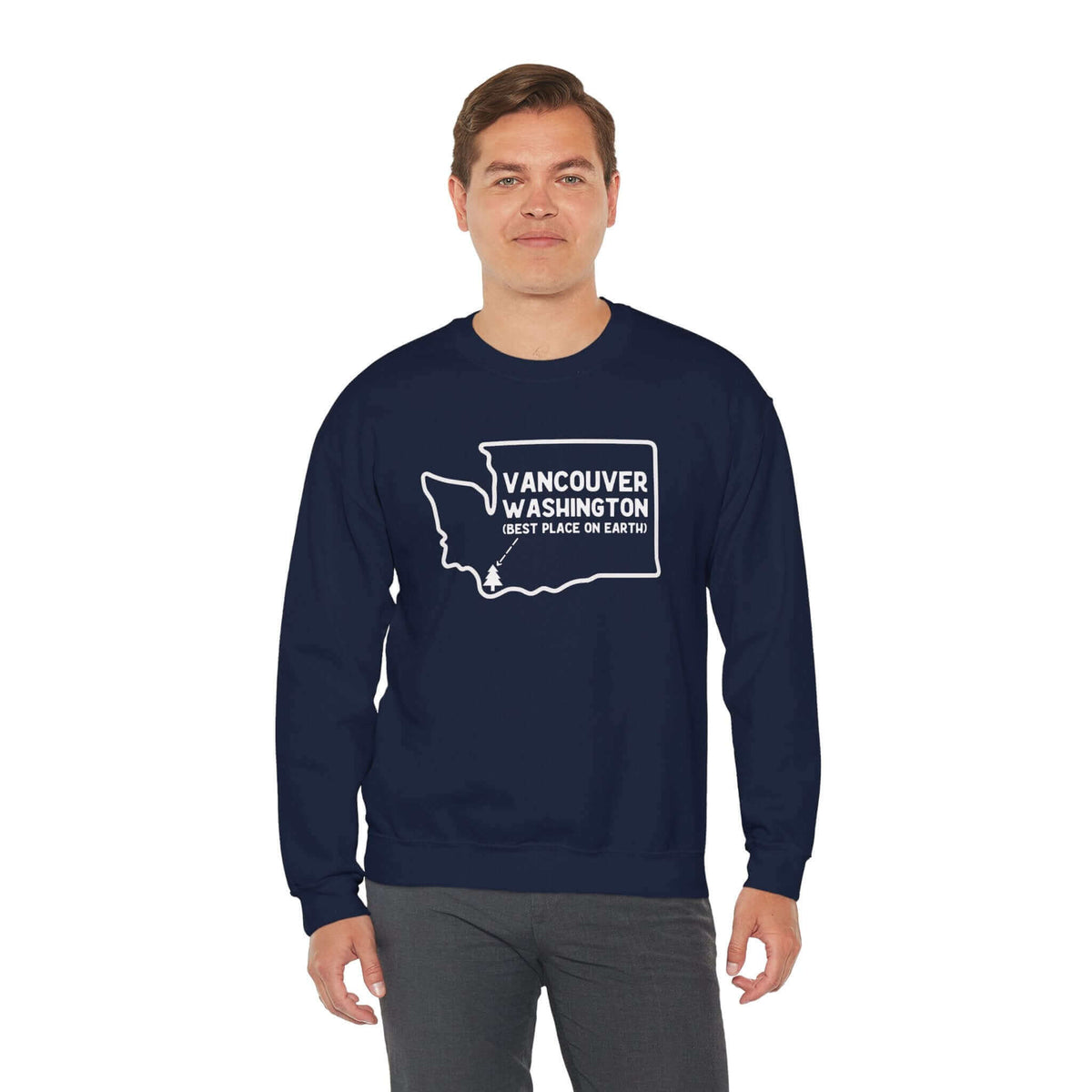 Man wearing Vancouver Washington sweatshirt with state outline and tree icon, showcasing Pacific Northwest pride in navy blue.