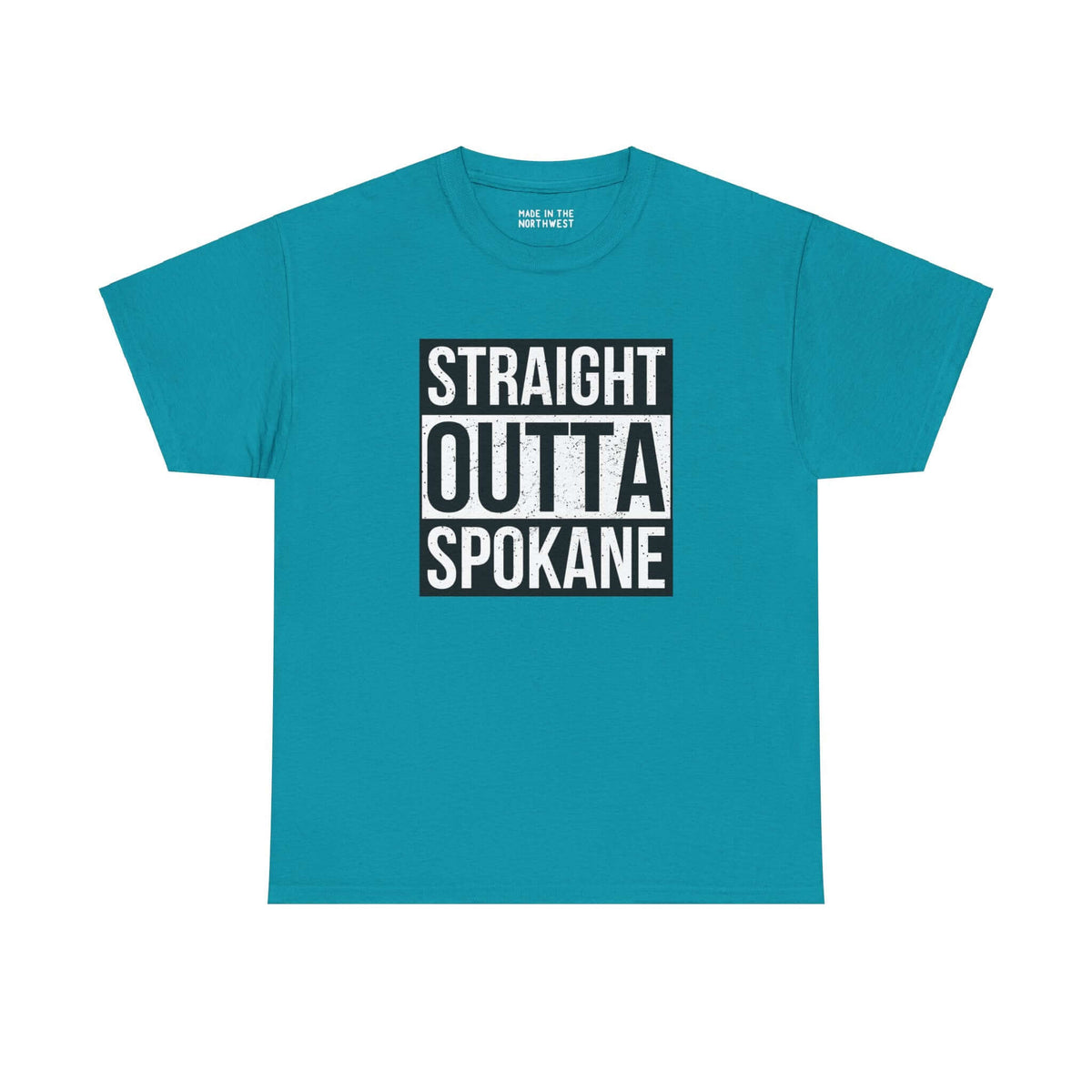 Turquoise "Straight Outta Spokane" athletic tee featuring bold black and white text, perfect for showing city pride and streetwear style.