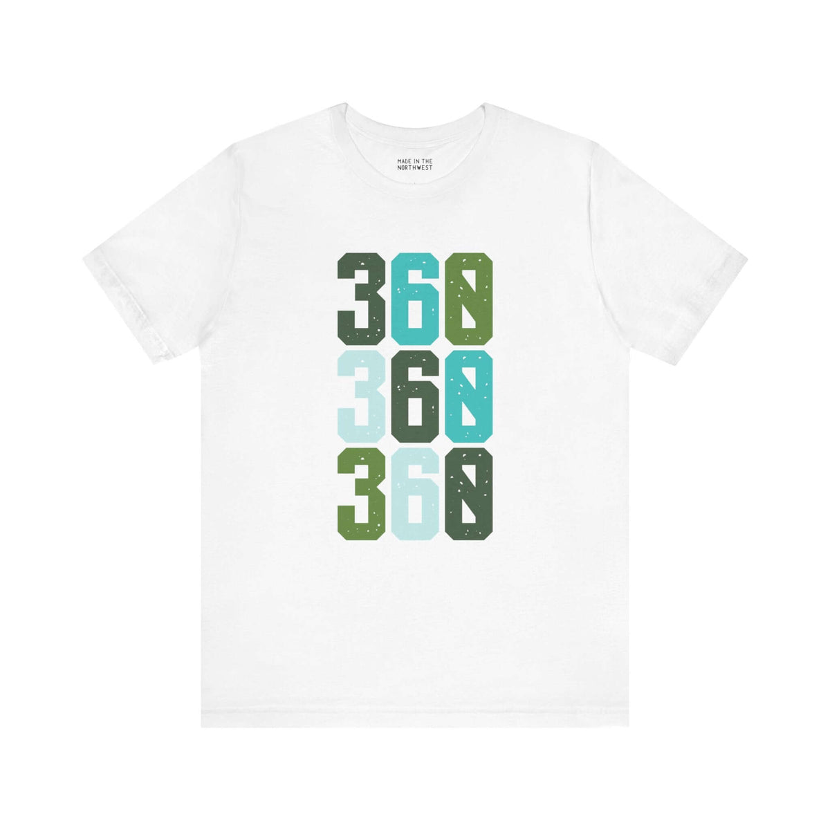 White tee with "360" in three colorful rows, celebrating the Pacific Northwest and local pride with a bold design.