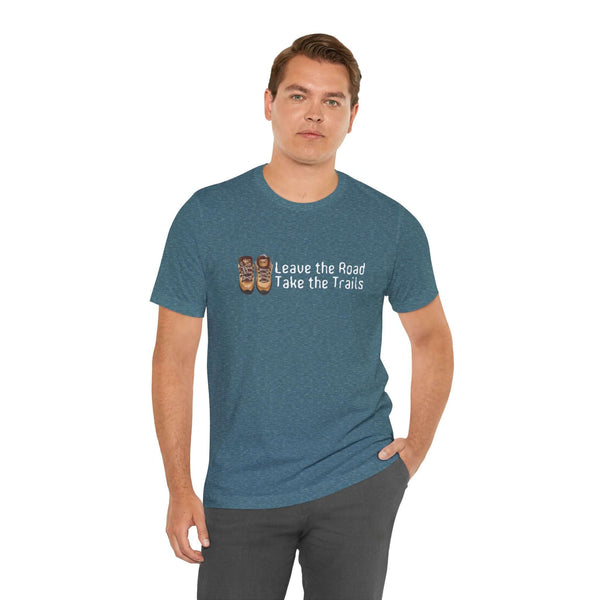 Model wearing a Leave the Road, Take the Trails premium soft tee, perfect for outdoor adventures.