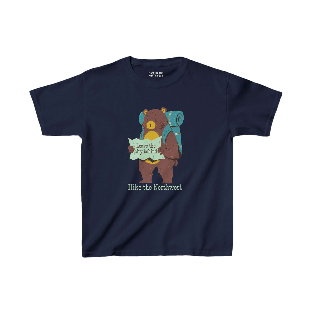 Bear's Big Northwest Adventure Kids' Tee featuring a bear with backpack and map, perfect for young outdoor explorers and hikers.