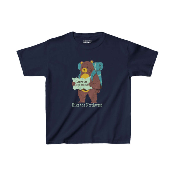 Bear's Big Northwest Adventure Kids' Tee featuring a bear with backpack and map, perfect for young outdoor explorers and hikers.