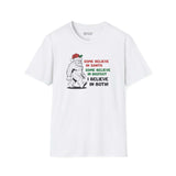 Believe in Santa and Bigfoot tee featuring Bigfoot in a Santa hat with festive text.