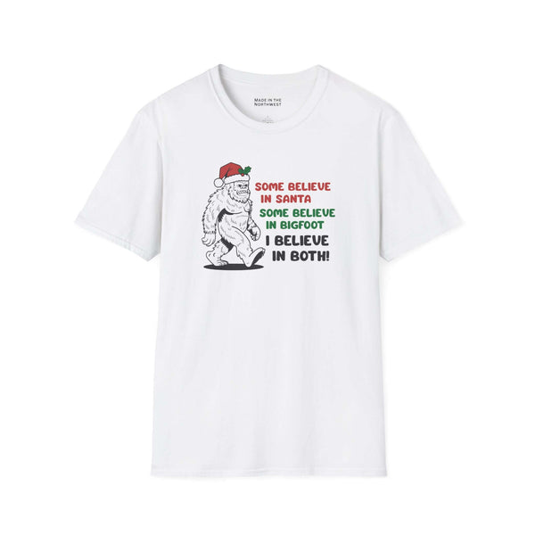 Believe in Santa and Bigfoot tee featuring Bigfoot in a Santa hat with festive text.