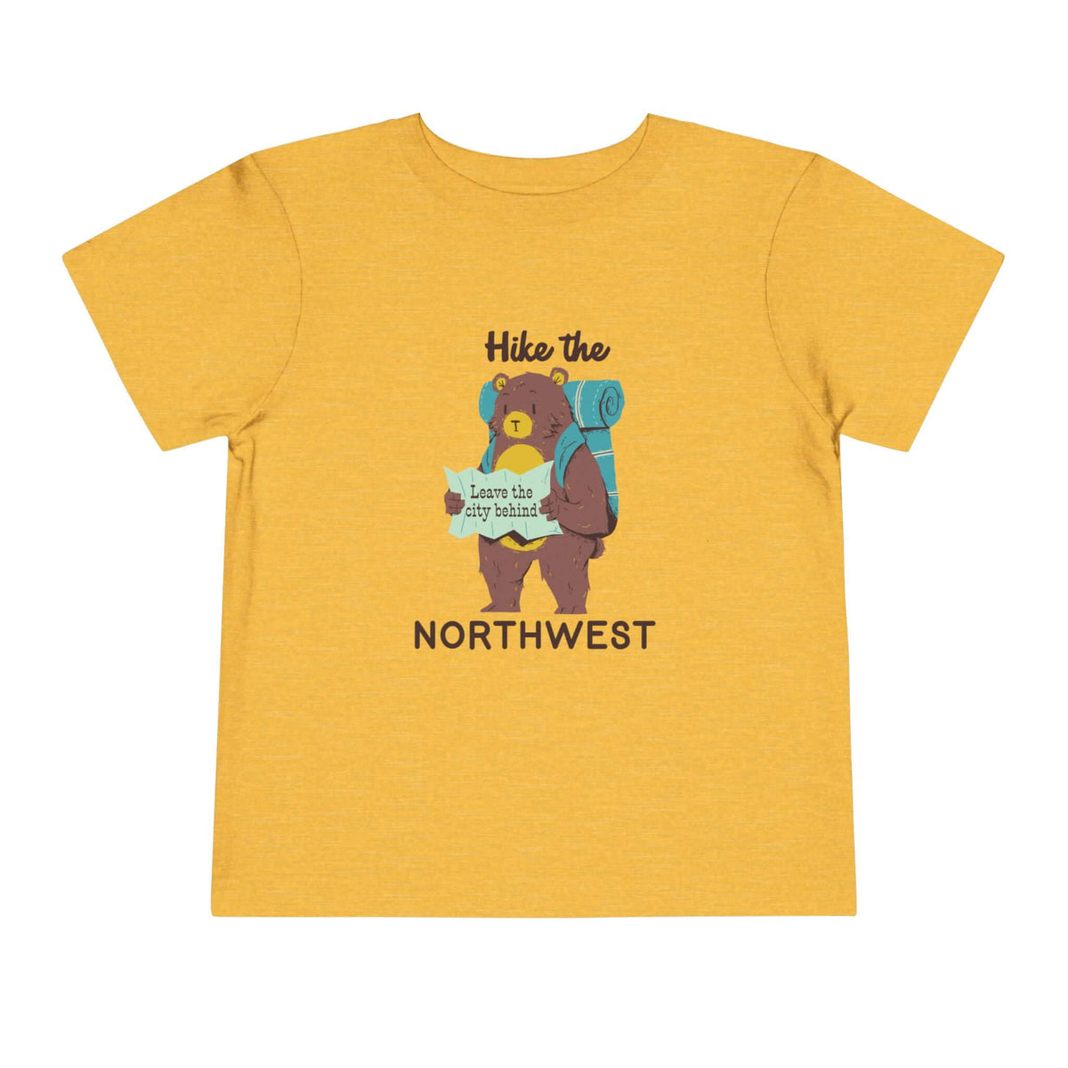 Hike the Northwest toddler tee featuring a bear with a backpack and map saying 'leave the city behind'.