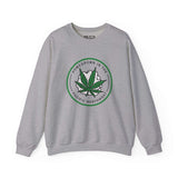 Gray sweatshirt with a bold marijuana leaf design, captioned 