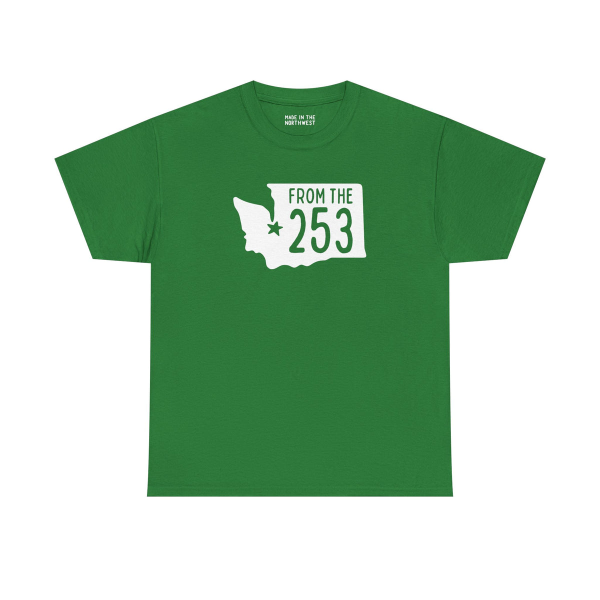 Green athletic tee featuring Washington state shape and 'From the 253' design, perfect for Tacoma locals.