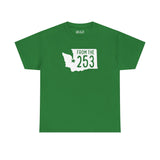 Green athletic tee featuring Washington state shape and 'From the 253' design, perfect for Tacoma locals.