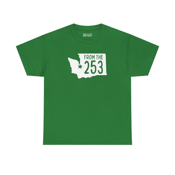 Green athletic tee featuring Washington state shape and 'From the 253' design, perfect for Tacoma locals.