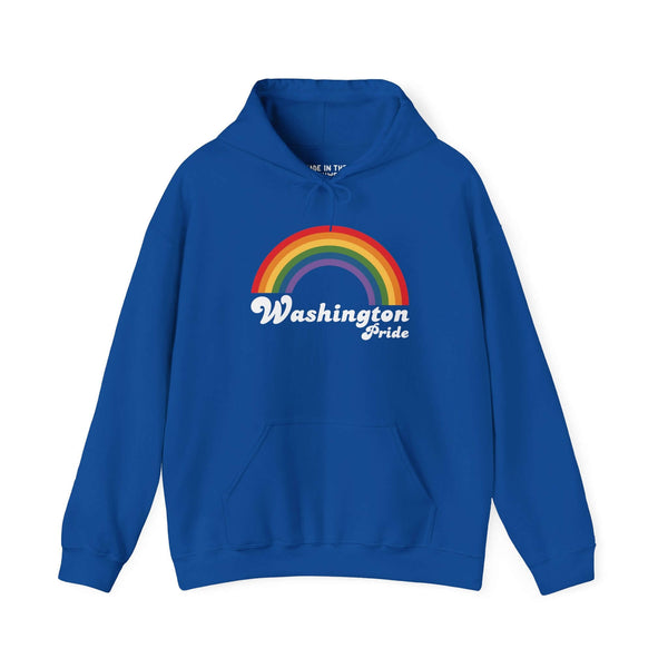 Blue hoodie with rainbow design and "Washington Pride" text celebrating LGBTQ+ diversity and love.