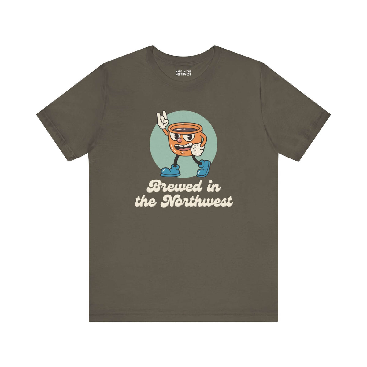 Brewed in the Northwest coffee tee featuring a playful design, perfect for coffee lovers and PNW enthusiasts.