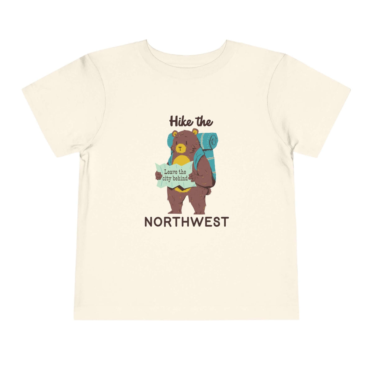 Hike the Northwest toddler tee featuring a bear with a map saying "leave the city behind".