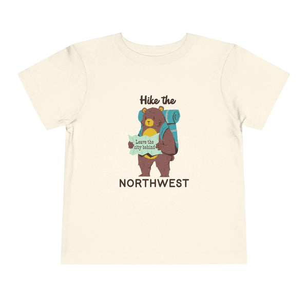 Hike the Northwest toddler tee featuring a bear with a map saying "leave the city behind".