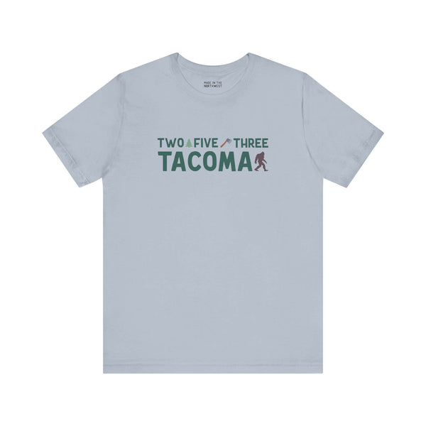 "Two Five Three Tacoma soft tee with axe and tree design, celebrating Tacoma pride and area code."