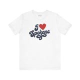 I love Spokane t shirt featuring a friendly cursive design on a white background.