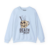 Light blue sweatshirt featuring a skull coffee mug design with text 