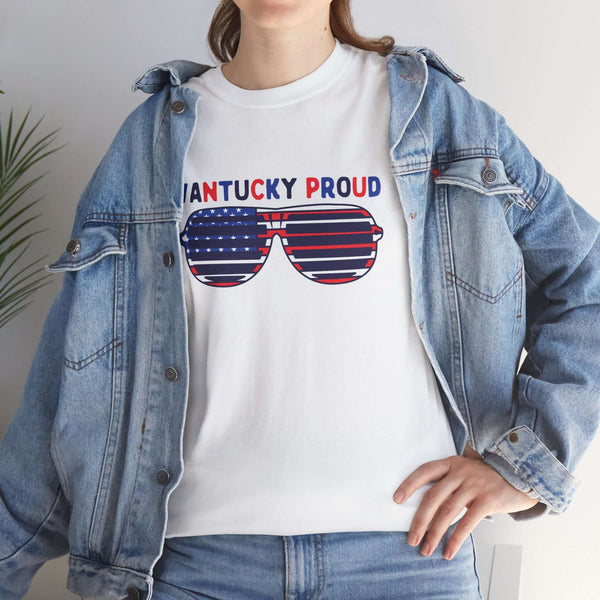 Person wearing Vantucky Proud athletic tee with American flag sunglasses design, paired with a denim jacket.