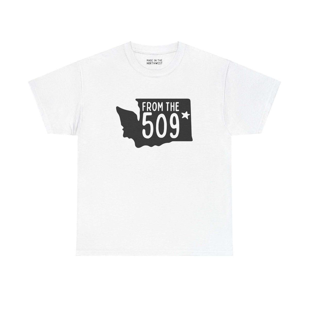 White "From the 509" athletic tee with Washington state silhouette and Spokane star, showcasing local pride and area code.