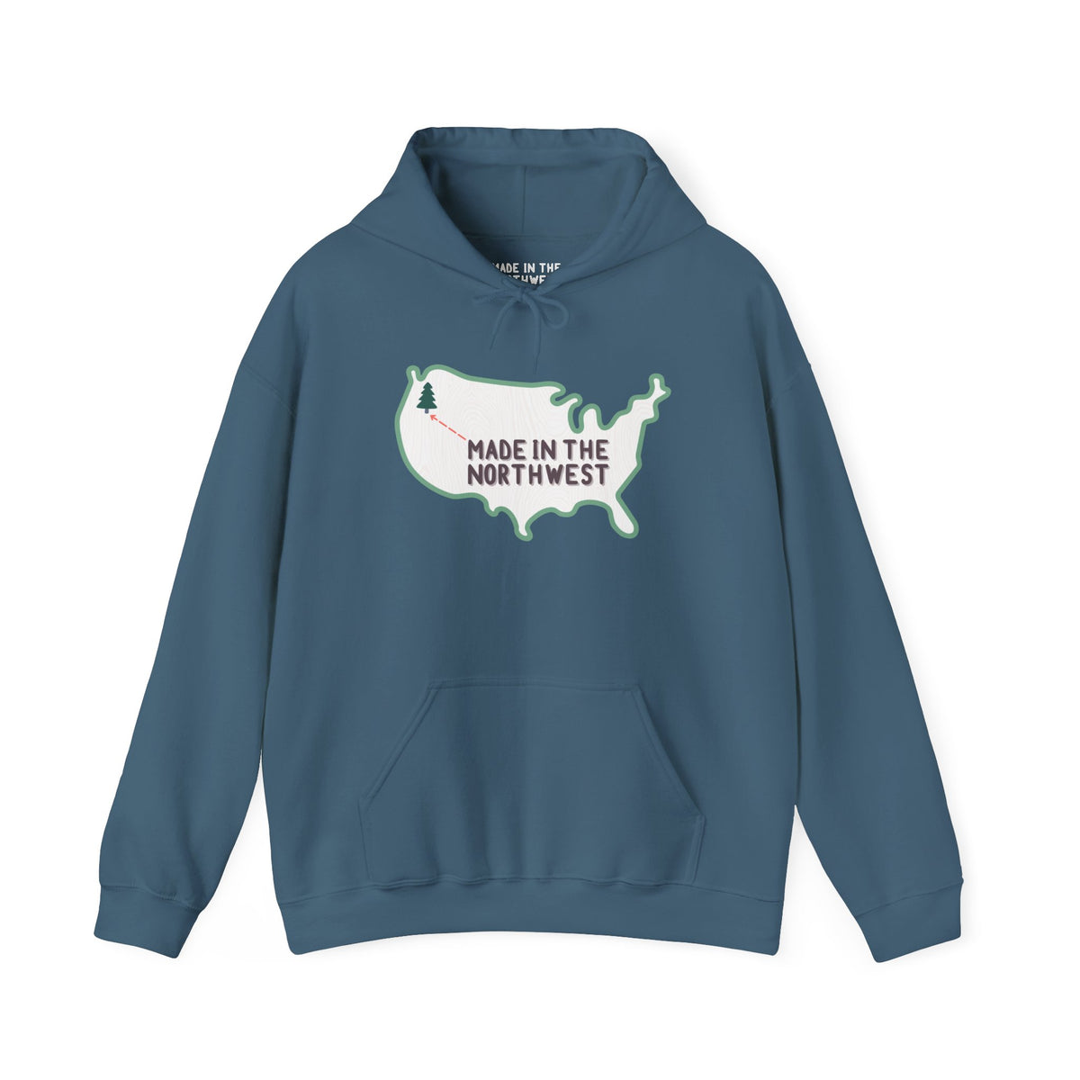 Cozy hoodie showcasing the 'Made in the Northwest' design with a map of the USA and tree for Pacific Northwest pride.