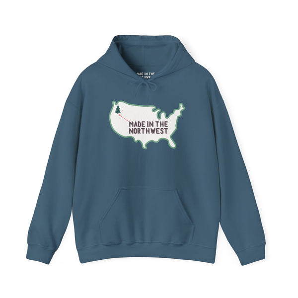 Cozy hoodie showcasing the 'Made in the Northwest' design with a map of the USA and tree for Pacific Northwest pride.