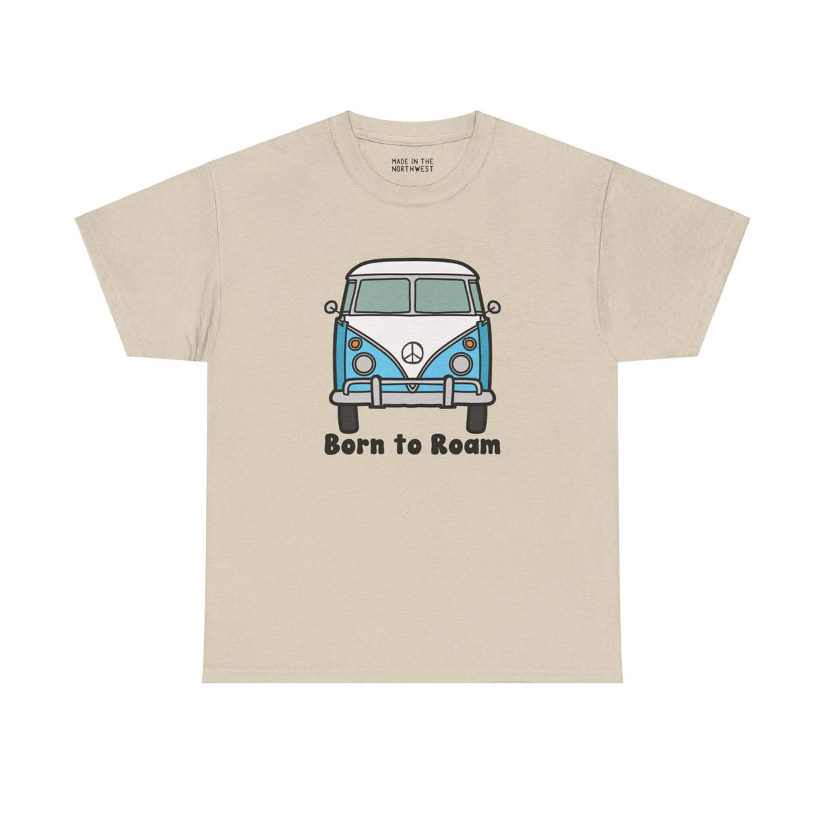 Beige tee with blue vanagon bus and 'Born to Roam' text, perfect for nomadic lifestyle and adventure enthusiasts.