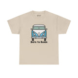 Beige tee with blue vanagon bus and 'Born to Roam' text, perfect for nomadic lifestyle and adventure enthusiasts.