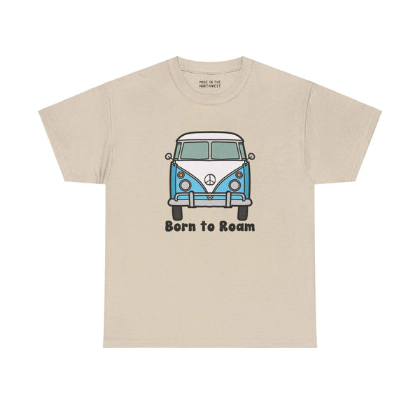 Beige tee with blue vanagon bus and 'Born to Roam' text, perfect for nomadic lifestyle and adventure enthusiasts.