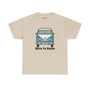 Beige tee with blue vanagon bus and 'Born to Roam' text, perfect for nomadic lifestyle and adventure enthusiasts.