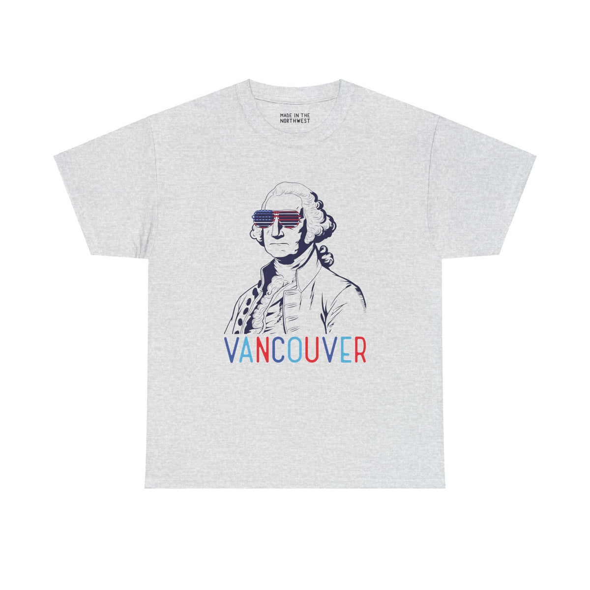 George Vancouver tee with USA sunglasses, patriotic colors, "Vancouver" text, perfect for Fourth of July local pride.