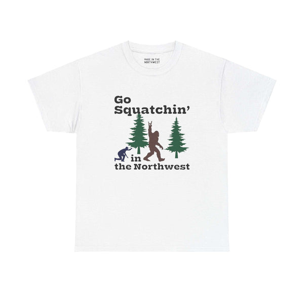 "Go Squatchin' in the Northwest athletic tee with Sasquatch graphic, perfect for Bigfoot enthusiasts and Northwest adventurers."