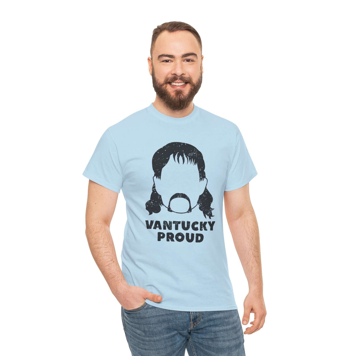 Man wearing light blue "Vantucky Proud" Rusty McCoy athletic tee with graphic design.