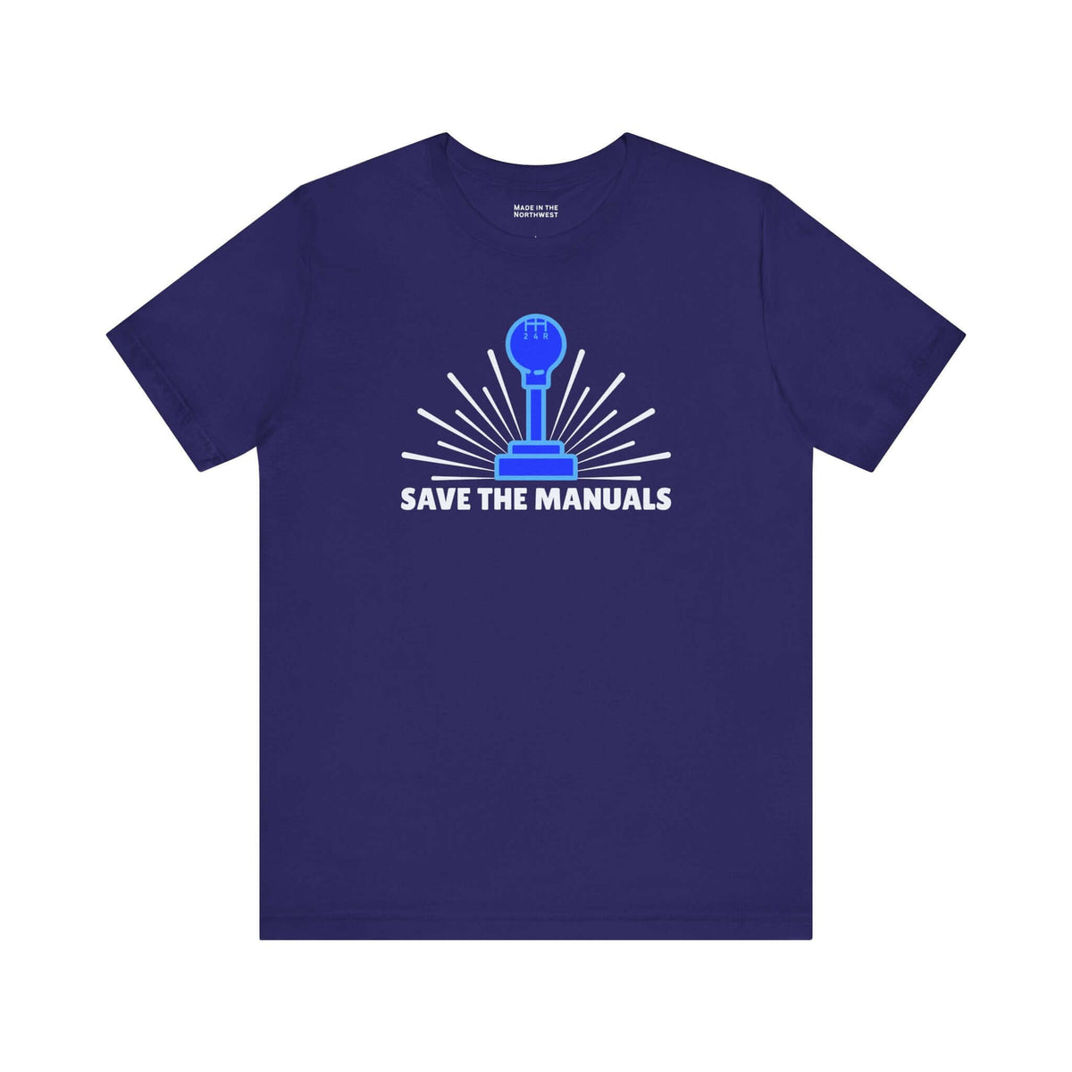 Save the Manuals T Shirt featuring a graphic gearshift design, perfect for car enthusiasts and manual transmission lovers.