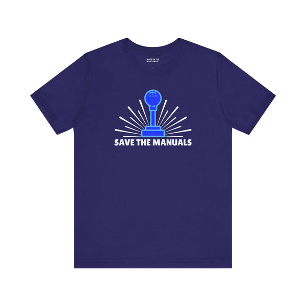 Save the Manuals T Shirt featuring a graphic gearshift design, perfect for car enthusiasts and manual transmission lovers.