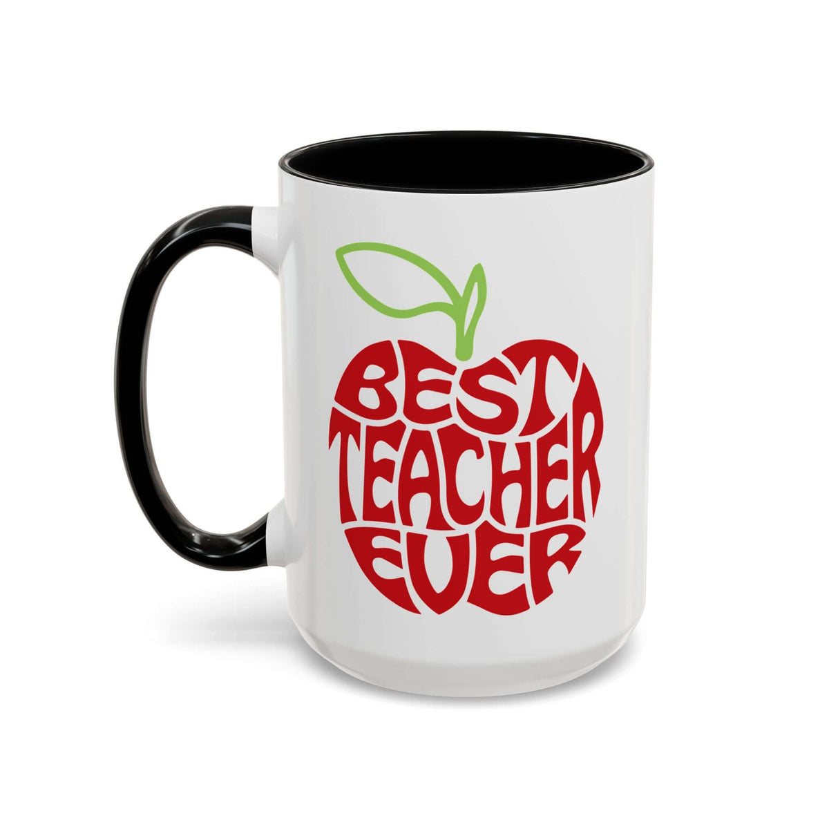 Best Teacher Ever Mug featuring a red apple graphic on a glossy white ceramic body with a black handle.