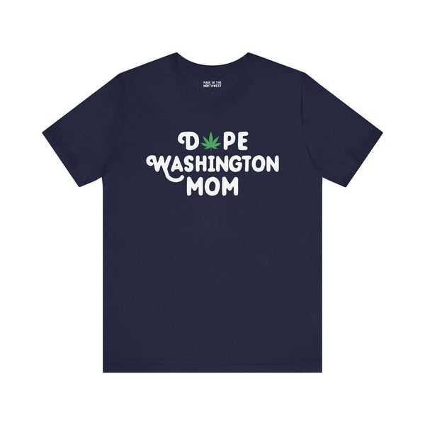 Dope Washington Mom tee with marijuana leaf in design, navy color, showcasing relaxed, vibrant state pride style.