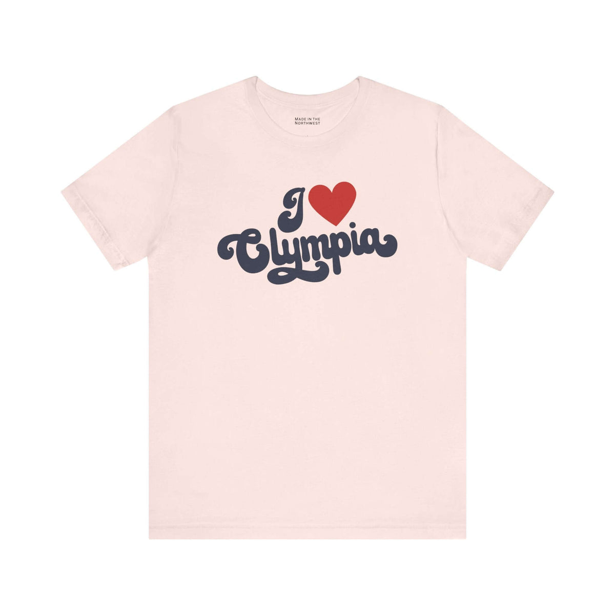 I love Olympia t shirt in soft pink color with a cursive design featuring I ♥ Olympia.