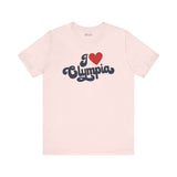 I love Olympia t shirt in soft pink color with a cursive design featuring I ♥ Olympia.