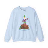 Light blue sweatshirt featuring a gnome with an axe on a stump and the phrase 