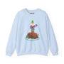 Light blue sweatshirt featuring a gnome with an axe on a stump and the phrase "Say Hello to My Little Friend."