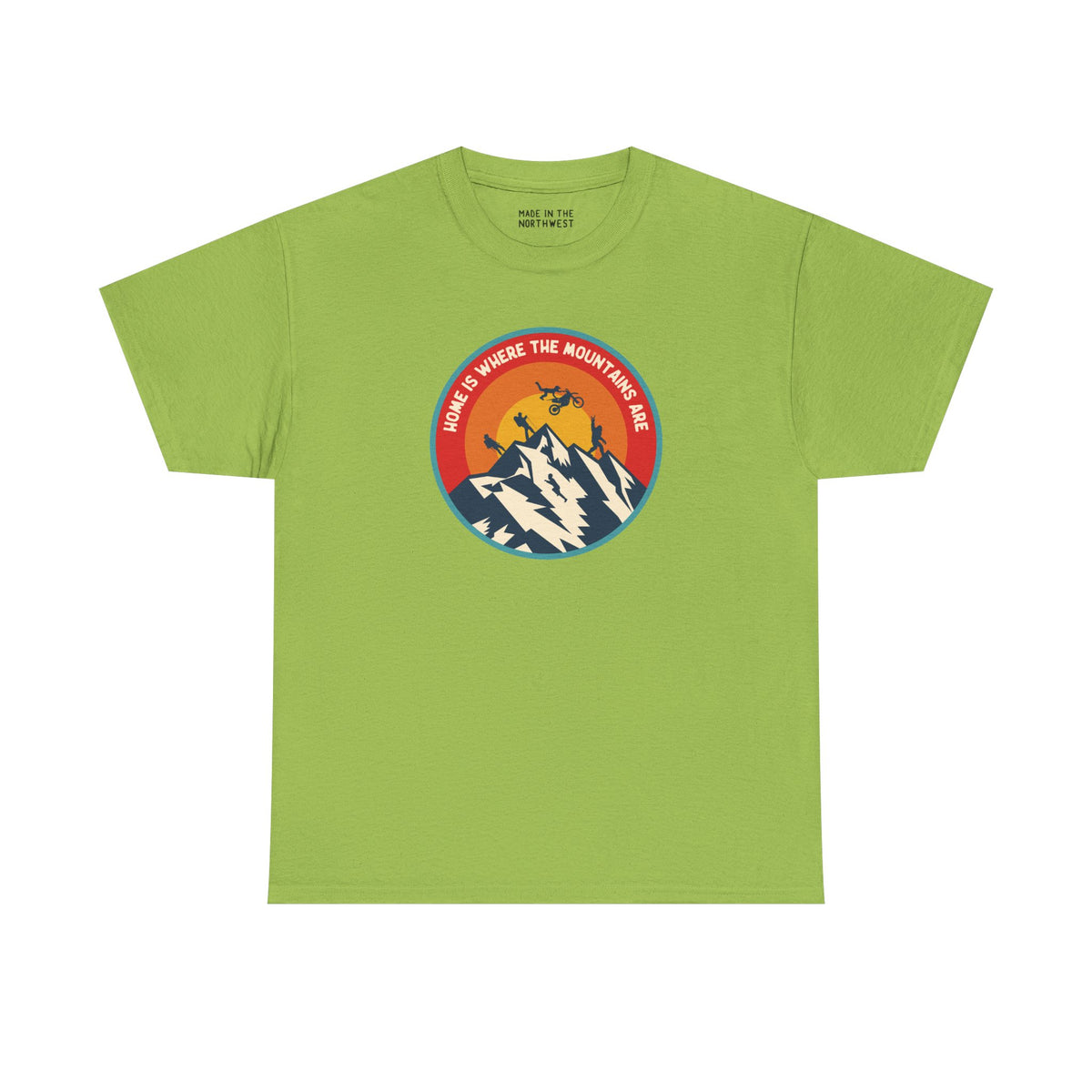 Home is Where the Mountains Are athletic tee, vibrant green shirt with PNW mountain design.