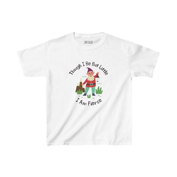 Kids' tee with colorful gnome and "Though I Be Little, I Am Fierce" phrase, inspired by Shakespeare, on a white shirt.